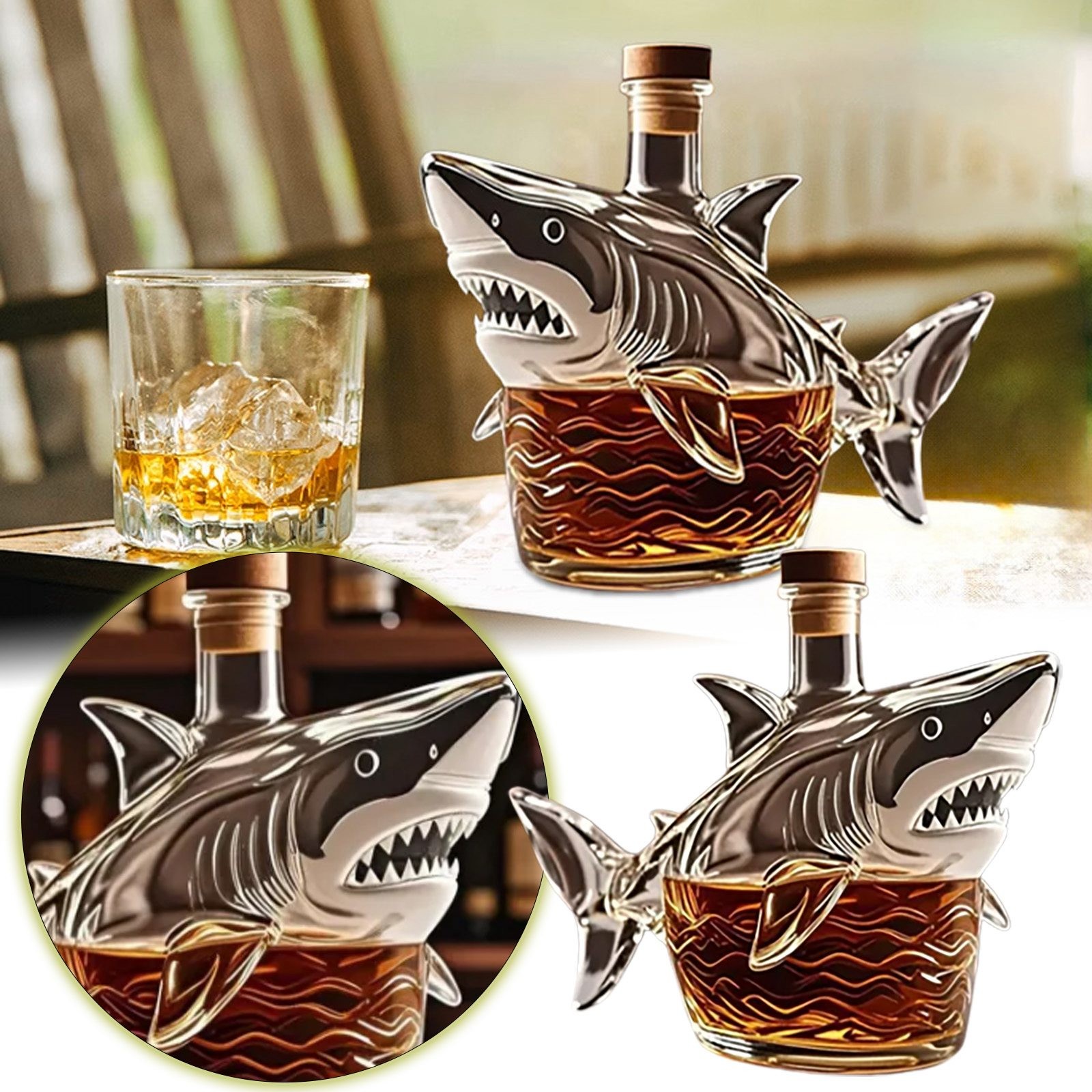 Shark Bottle, Lead-Free Glass Shark Figurines Decanter, Unique Animal Statue Liquor Bottle, Personalized Sharks Decanter Set for People Who Love Sharks and